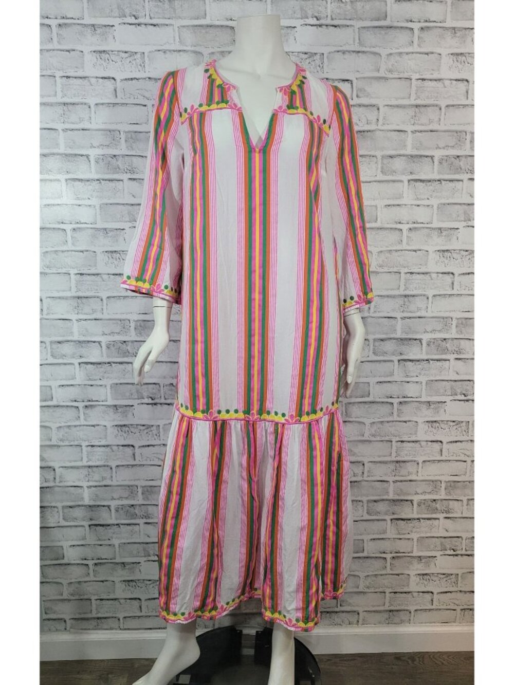 Boden Easy Tiered Striped Maxi Dress Embroidered Bright Size 8